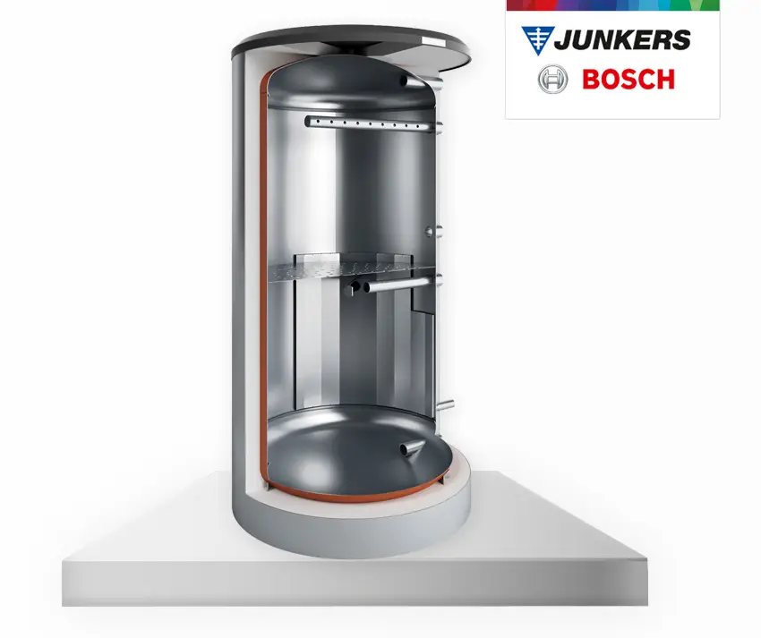 Pufferspeicher in zylindrischer Form von Junkers, sichtbar in einem halbtransparenten Design. An der Oberseite ist das Bosch-Logo angebracht.